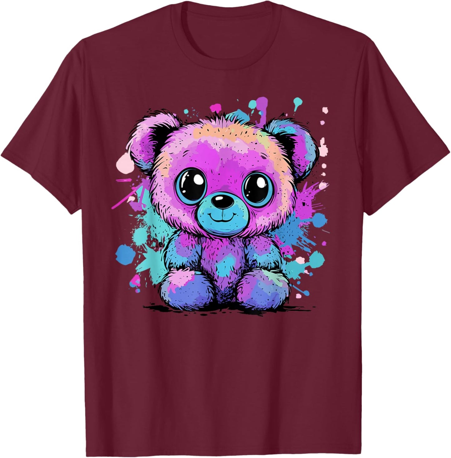 Colorful Splash Teddy Bear Art T-Shirt - T-Shirt | Maroon