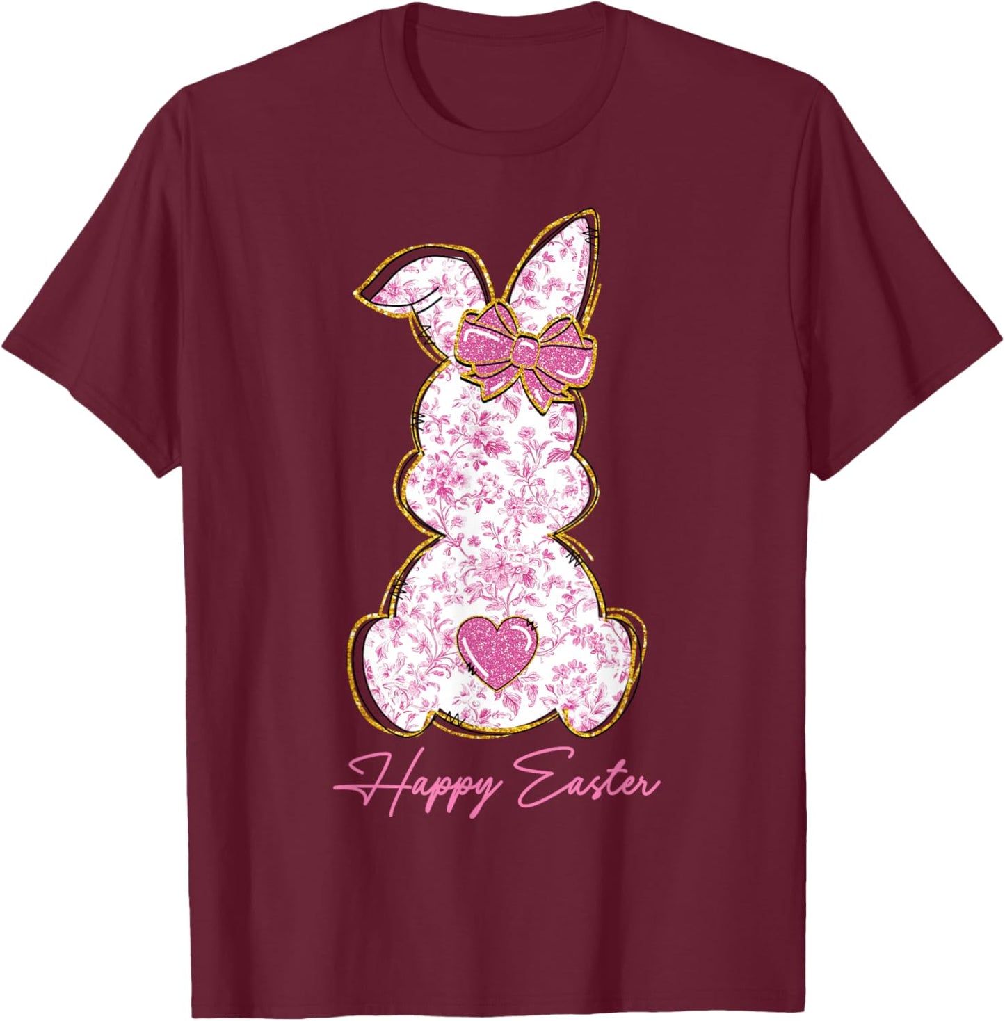 Happy Easter Bunny Girls Easter Women Pink Floral Coquette T-Shirt - T-Shirt | Maroon