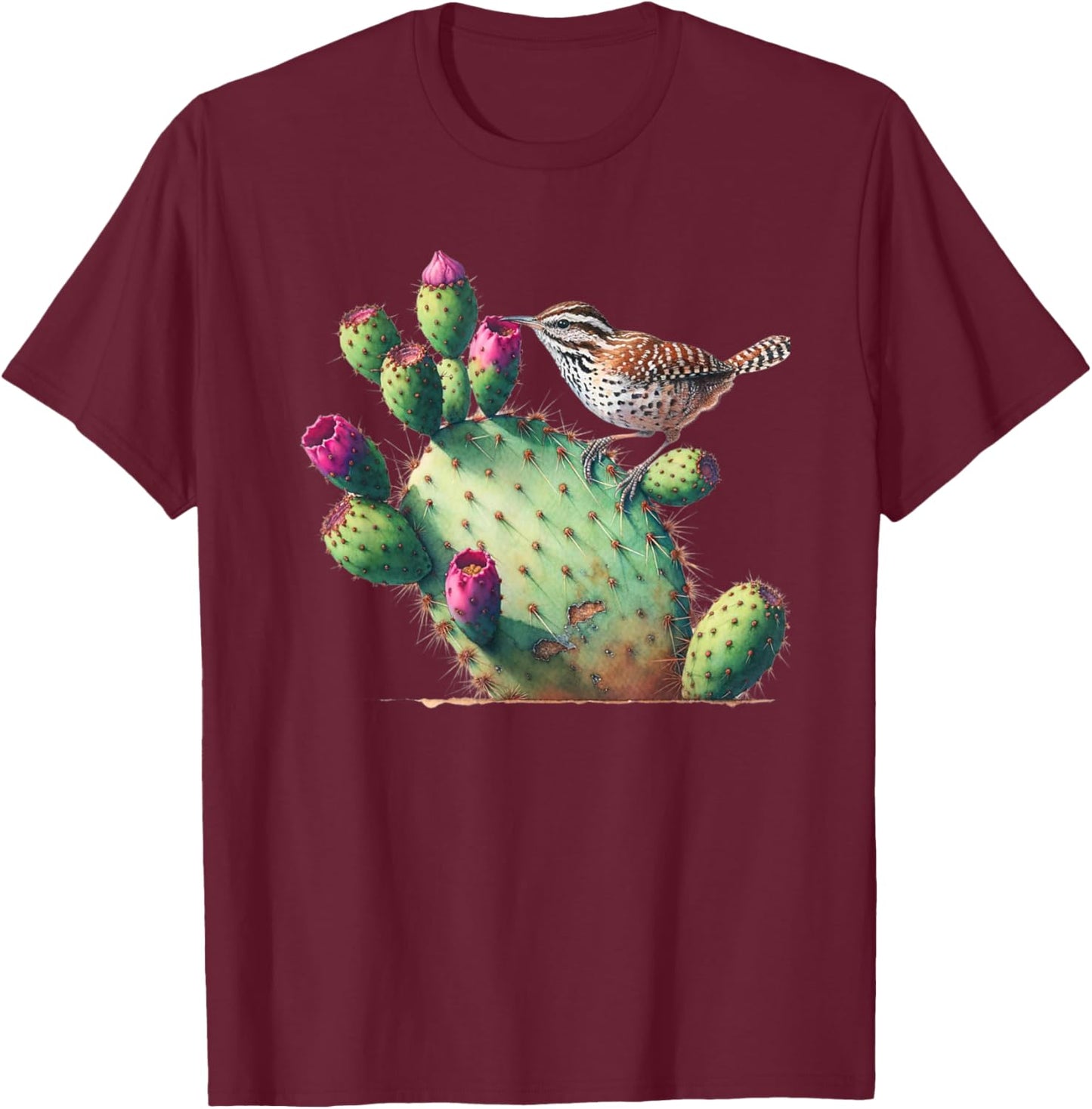 Cactus Wren & Prickly Pear Watercolor Art , Small, Black T-Shirt - T-Shirt | Maroon
