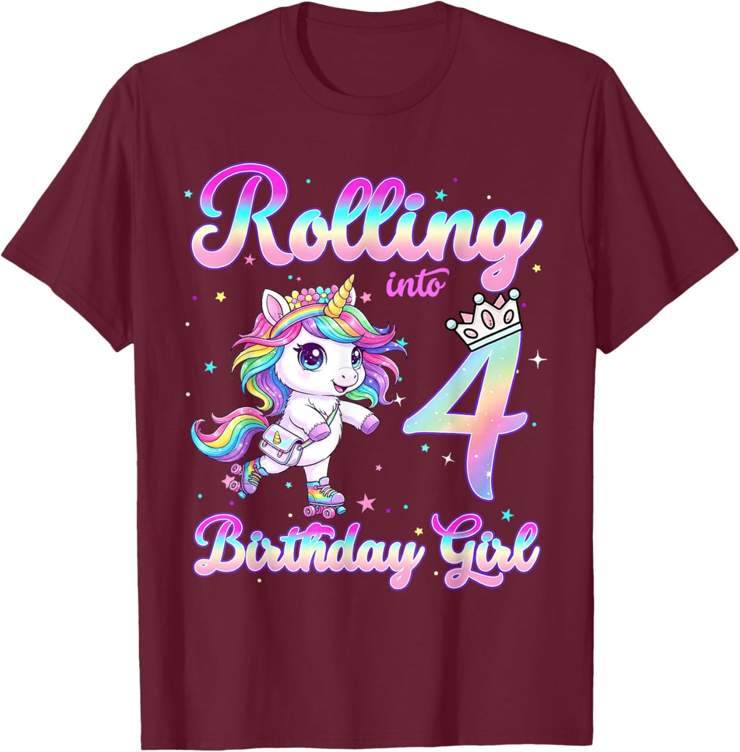 Kids Rolling Into 4 Roller Skating 4th Birthday Unicorn Girl T-Shirt - T-Shirt | Maroon