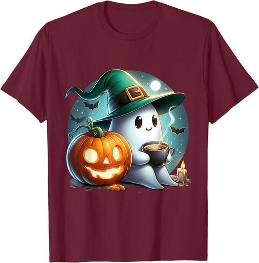 Cute Halloween Ghost Coffee Pumpkin T-Shirt - T-Shirt | Maroon
