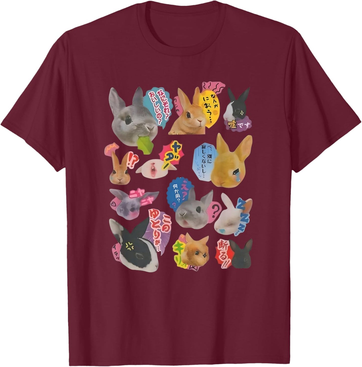 Y2K Bunny 90s Harajuku Japanese Sticker Bunny Meme Design T-Shirt - T-Shirt | Maroon