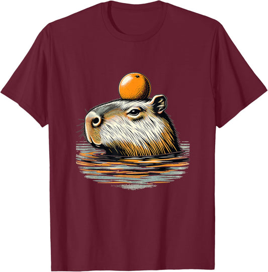 Vintage Capybara with Orange on the Head T-Shirt - T-Shirt | Maroon