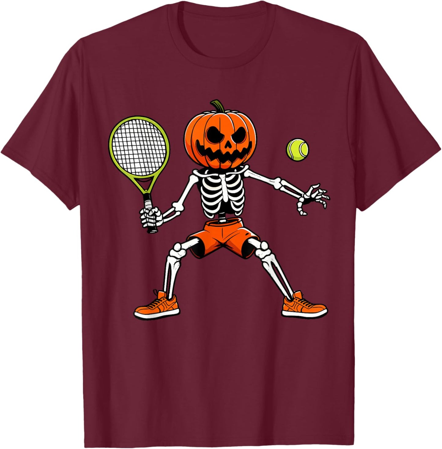 Halloween Tennis Pumpkin Head Skeleton Tennis Halloween T-Shirt - T-Shirt | Maroon