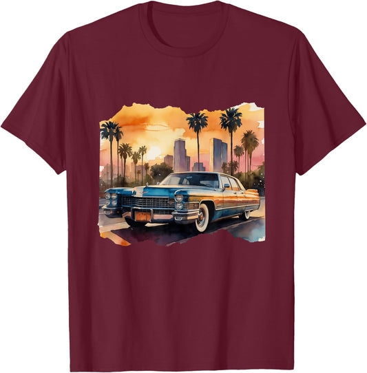Vintage Cadillac in LA - Old School - Watercolor T-Shirt - T-Shirt | Maroon