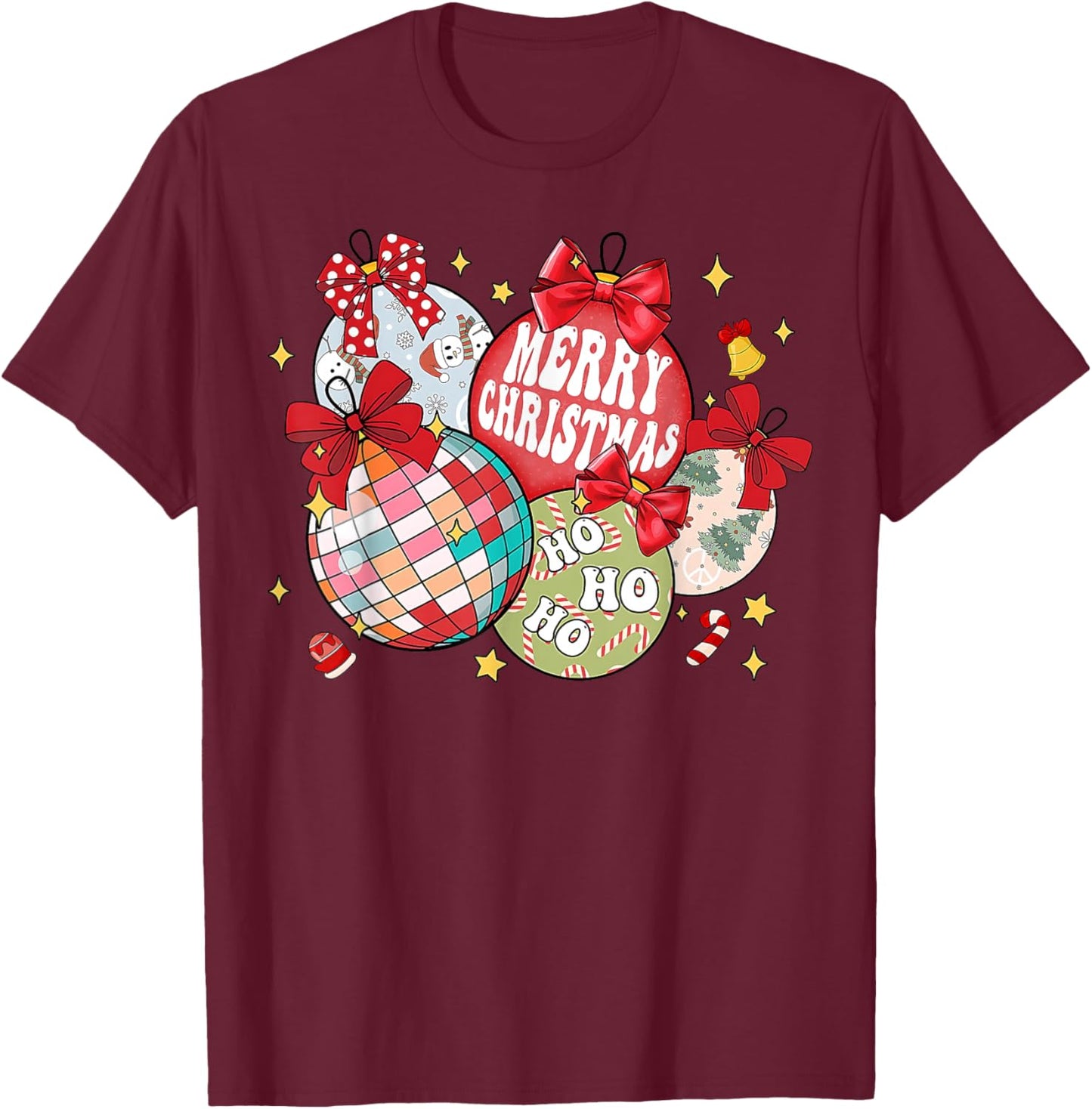 Merry Christmas Ornaments Disco Ball Coquette Bow Xmas Tree T-Shirt - T-Shirt | Maroon