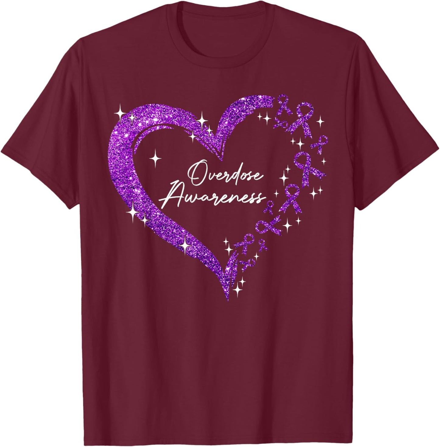 Overdose Awareness Purple Ribbon Drug Addiction Heart T-Shirt - T-Shirt | Maroon