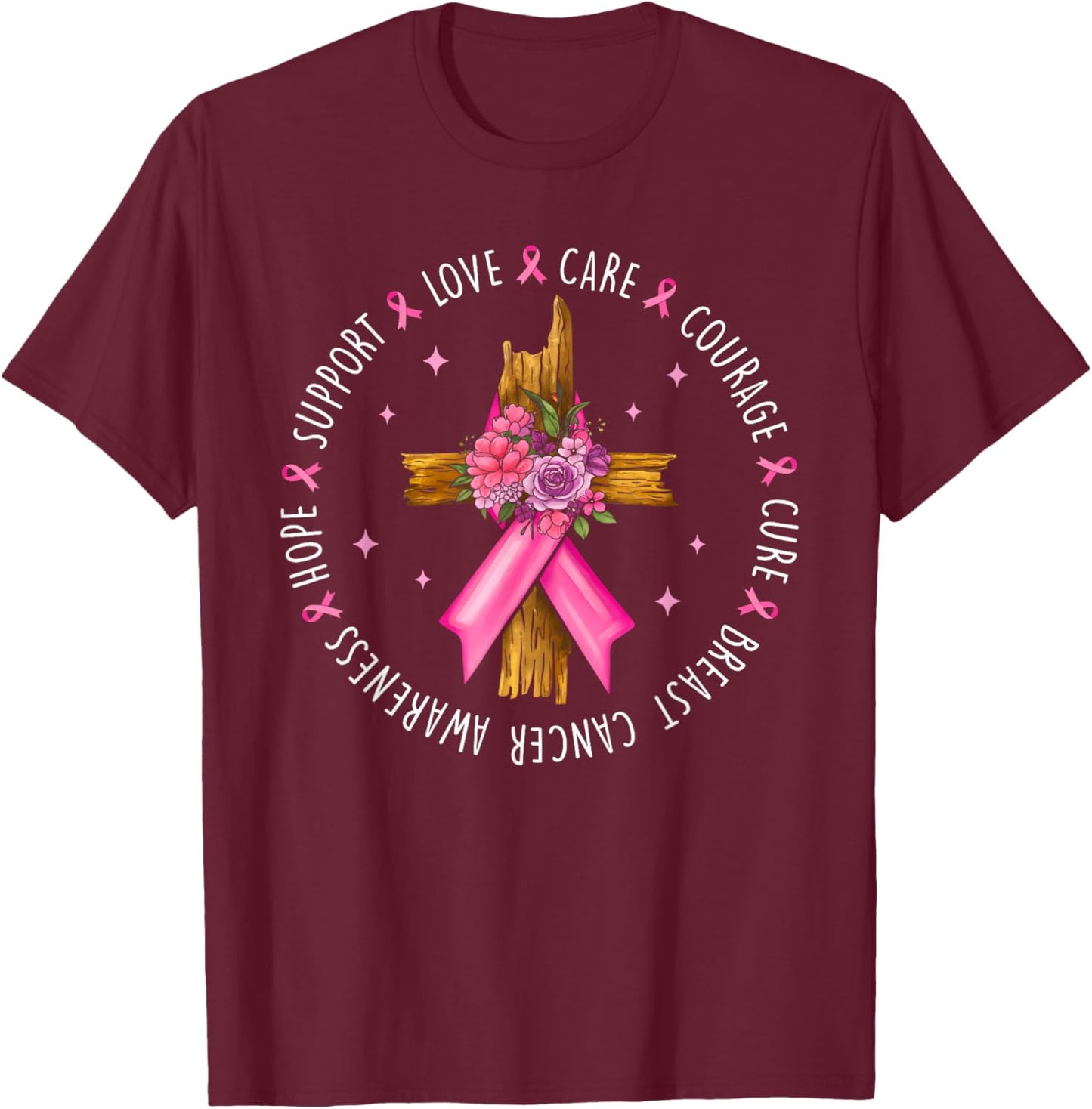 Breast Cancer Support Pink Ribbon Breast Cancer Awareness T-Shirt - T-Shirt | Maroon