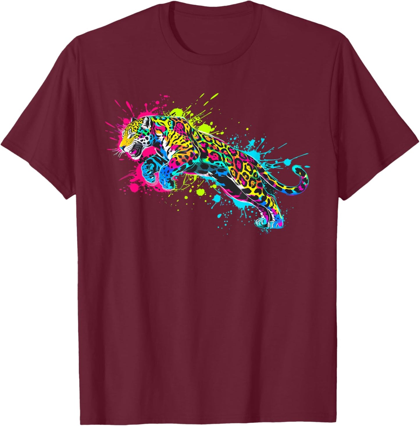 Wild Animal Jaguar with Neon Colors Jungle T-Shirt - T-Shirt | Maroon