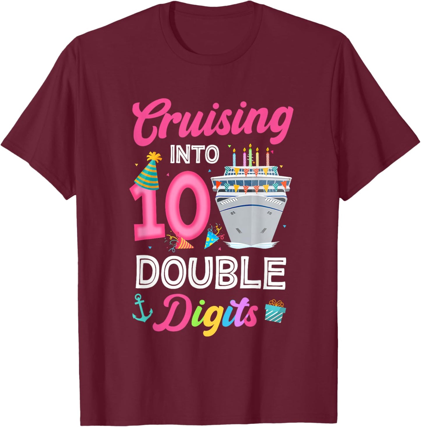 Cruising Into 10 Year Old Birthday Decorations Double Digits T-Shirt - T-Shirt | Maroon
