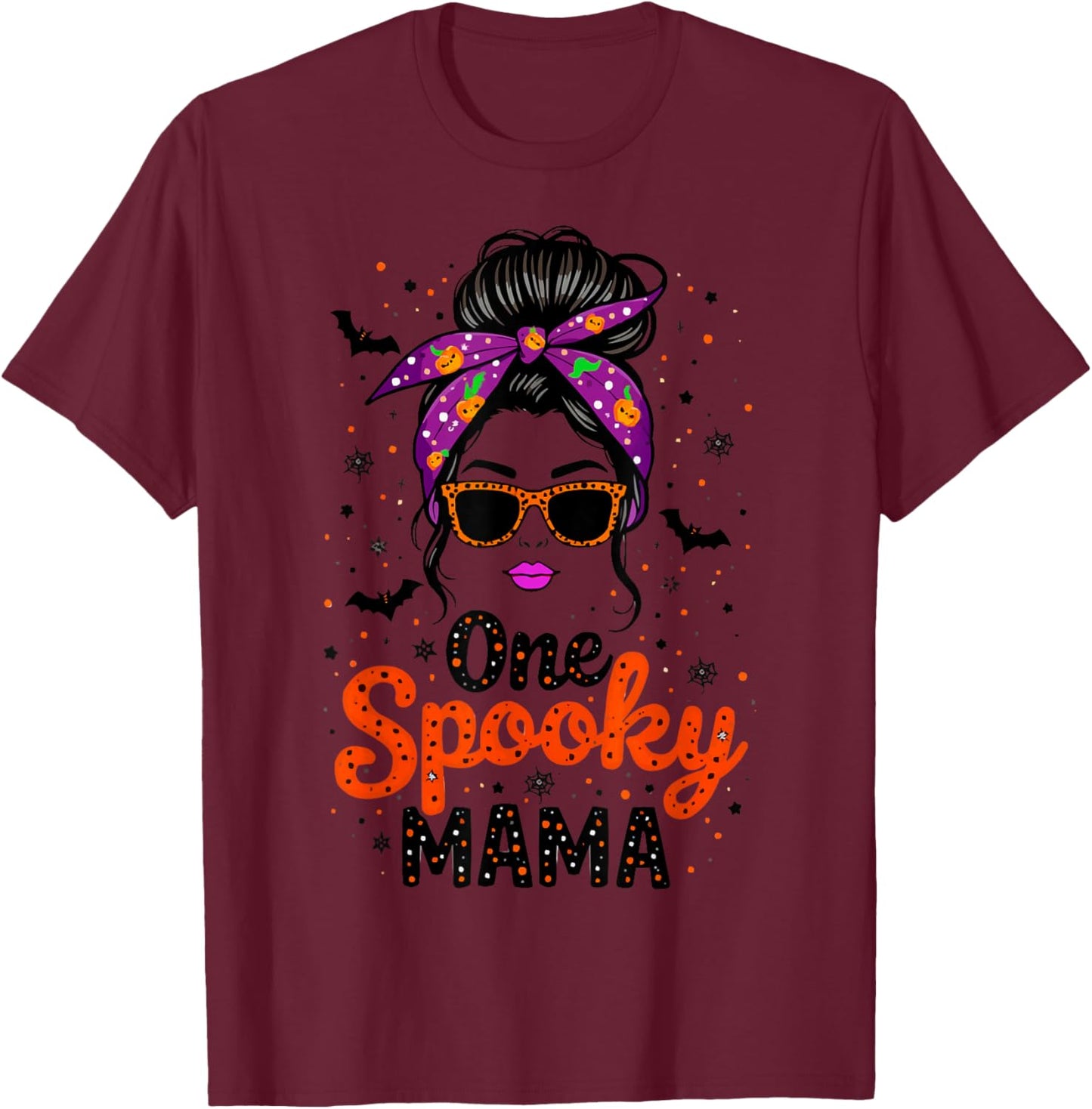 Funny One Spooky Mama Messy Bun Sunglasses Halloween T-Shirt - T-Shirt | Maroon