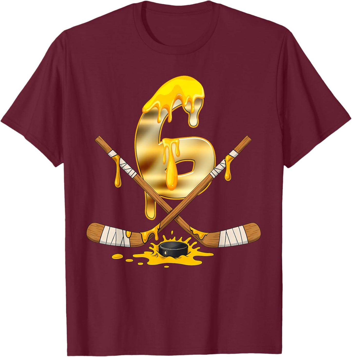 6 Years Old Golden Hockey Drip Youth 6th Birthday Boys T-Shirt - T-Shirt | Maroon
