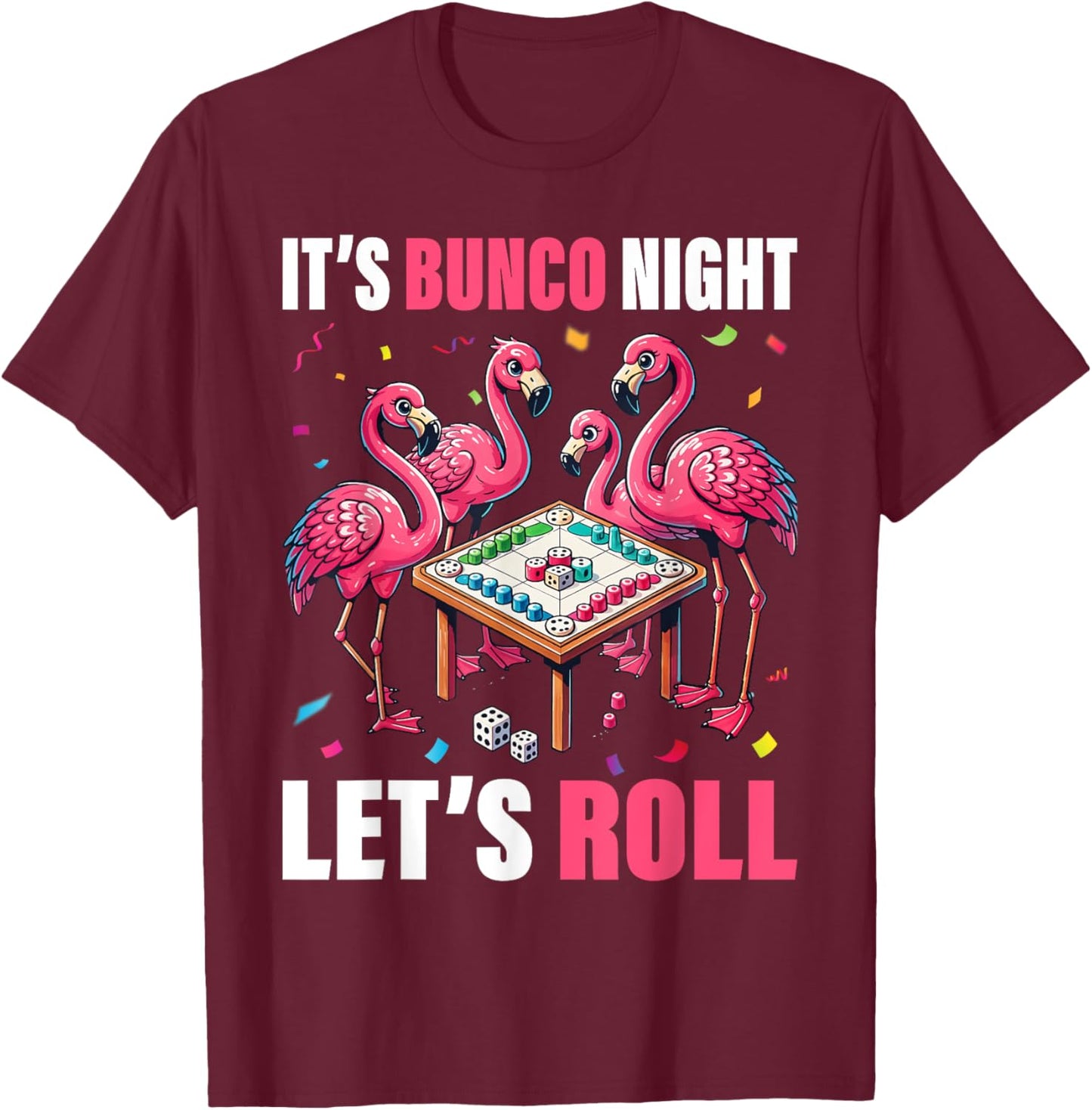 Flamingo Lover Gift Co. Bunco Night Flamingo Bunco Group -Adults Kids Black Short Sleeve Graphic T-Shirt - T-Shirt | Maroon