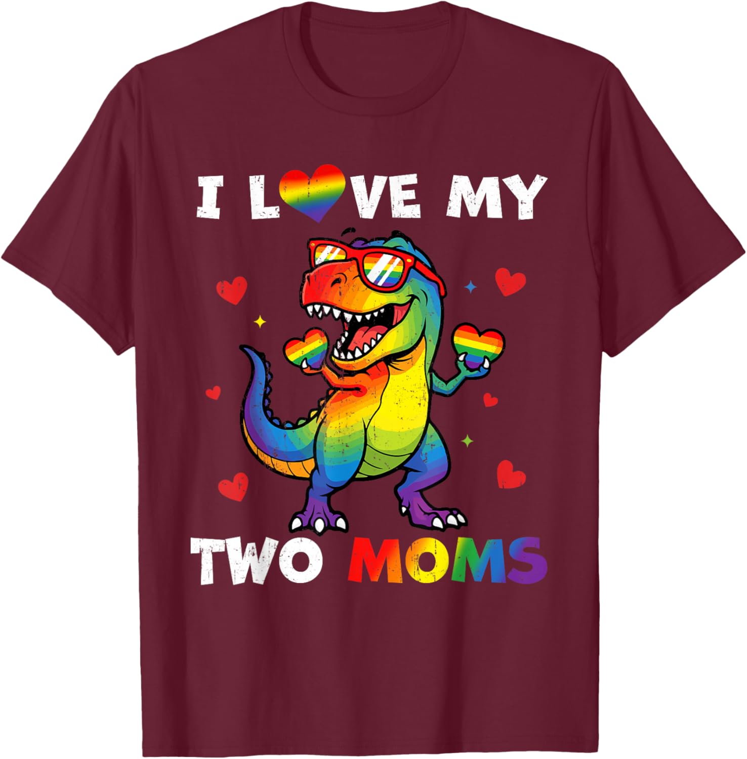 Gay Pride Love Two Moms Dino LGBTQ Ally Rainbow Toddler Kids T-Shirt - T-Shirt | Maroon
