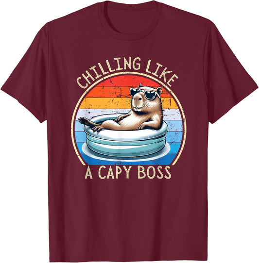 Retro Funny Capybara - Chilling like a Capy Boss T-Shirt - T-Shirt | Maroon