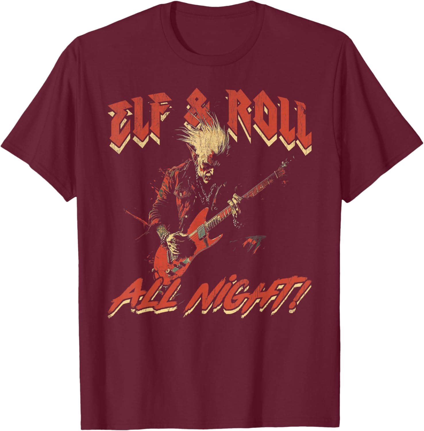 Elf & Roll All Night Rockin' Christmas Elf Music T-Shirt - T-Shirt | Maroon