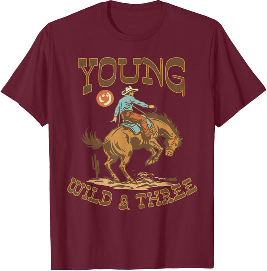 3rd Birthday Rodeo Cowboy Young Wild Three 3 Years Old Boy T-Shirt - T-Shirt | Maroon