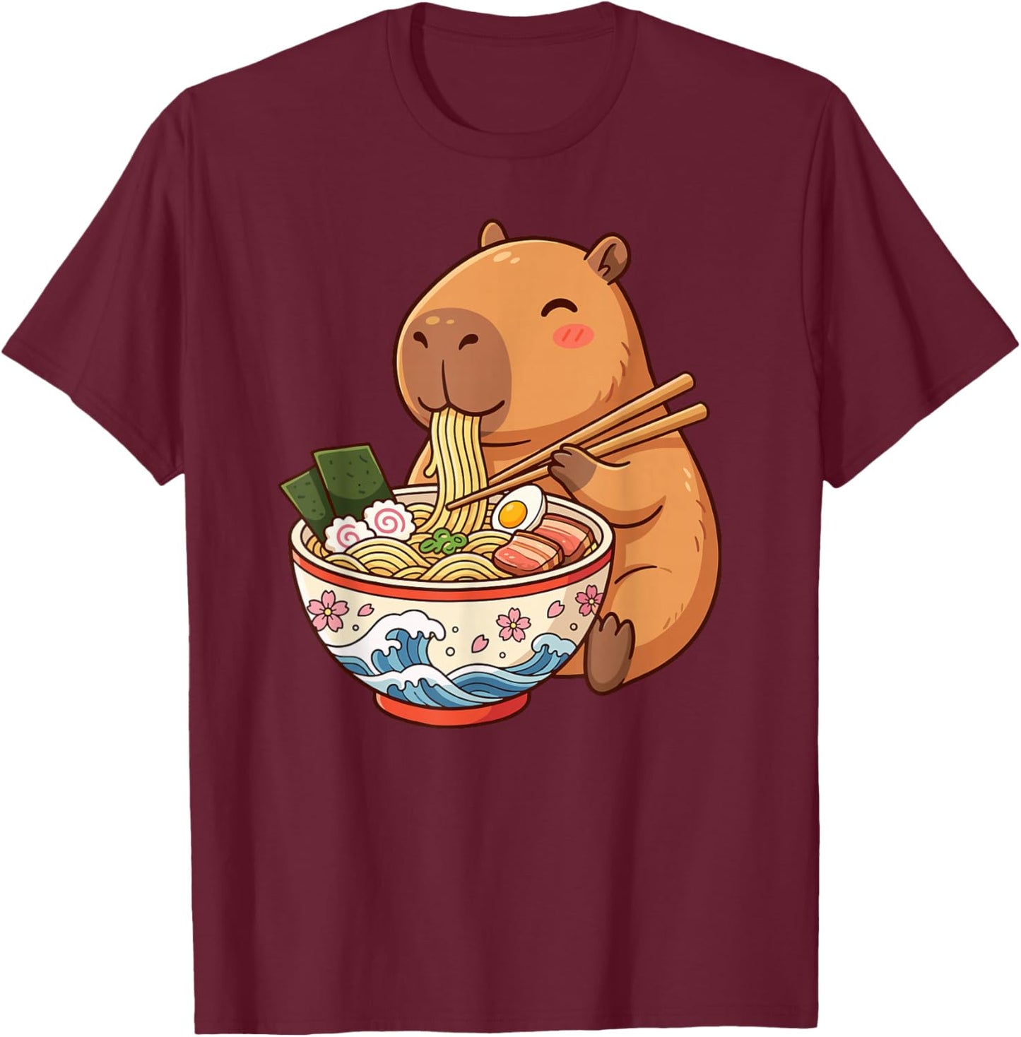 Adorable Capybara Eating Ramen Kawaii Design for Kids T-Shirt - T-Shirt | Maroon