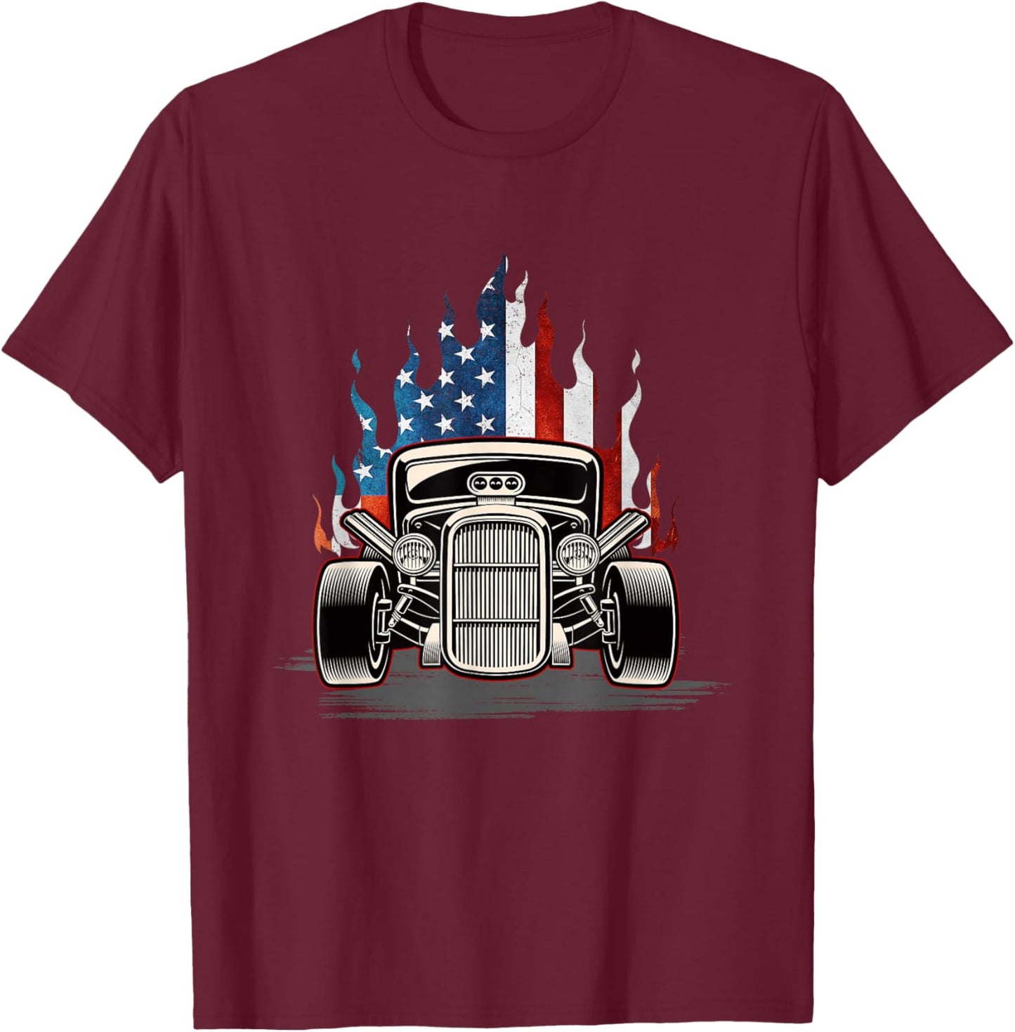 American Flag Vintage Hot Rod Veteran Memorial Day July 4 T-Shirt - T-Shirt | Maroon