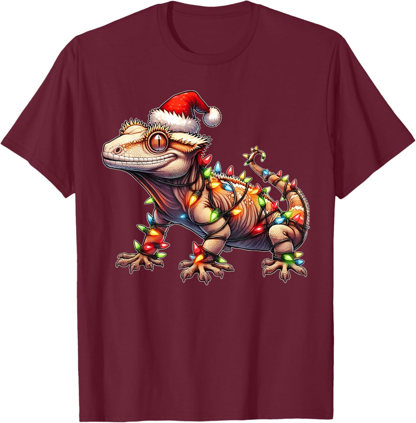 Crested Gecko Lizard Christmas Xmas - -Adult, Black, Small, Short Sleeve T-Shirt - T-Shirt | Maroon