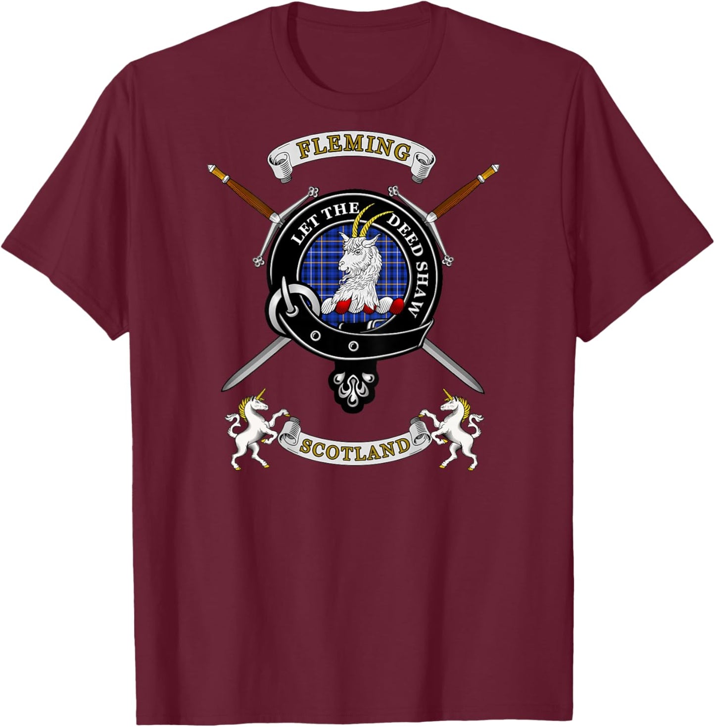 Fleming Scottish Clan Badge Tartan & Swords (Back) T-Shirt - T-Shirt | Maroon