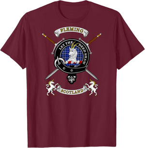 Fleming Scottish Clan Badge Tartan & Swords (Back) T-Shirt - T-Shirt | Maroon