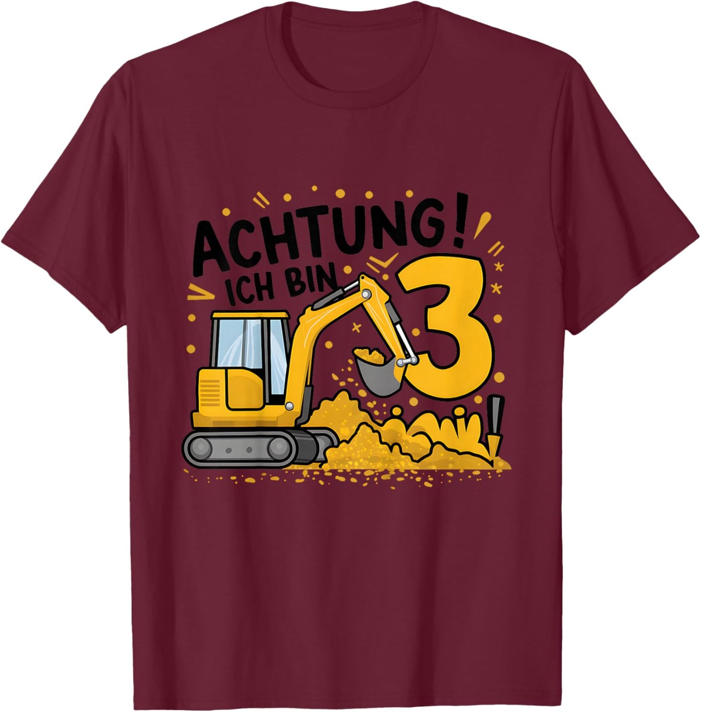 3. Geburtstag Junge 3 Jahre Bagger Baustelle T-Shirt - T-Shirt | Maroon