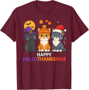 Cat Halloween Christmas Happy Hallothanksmas Thanksgiving T-Shirt - T-Shirt | Maroon