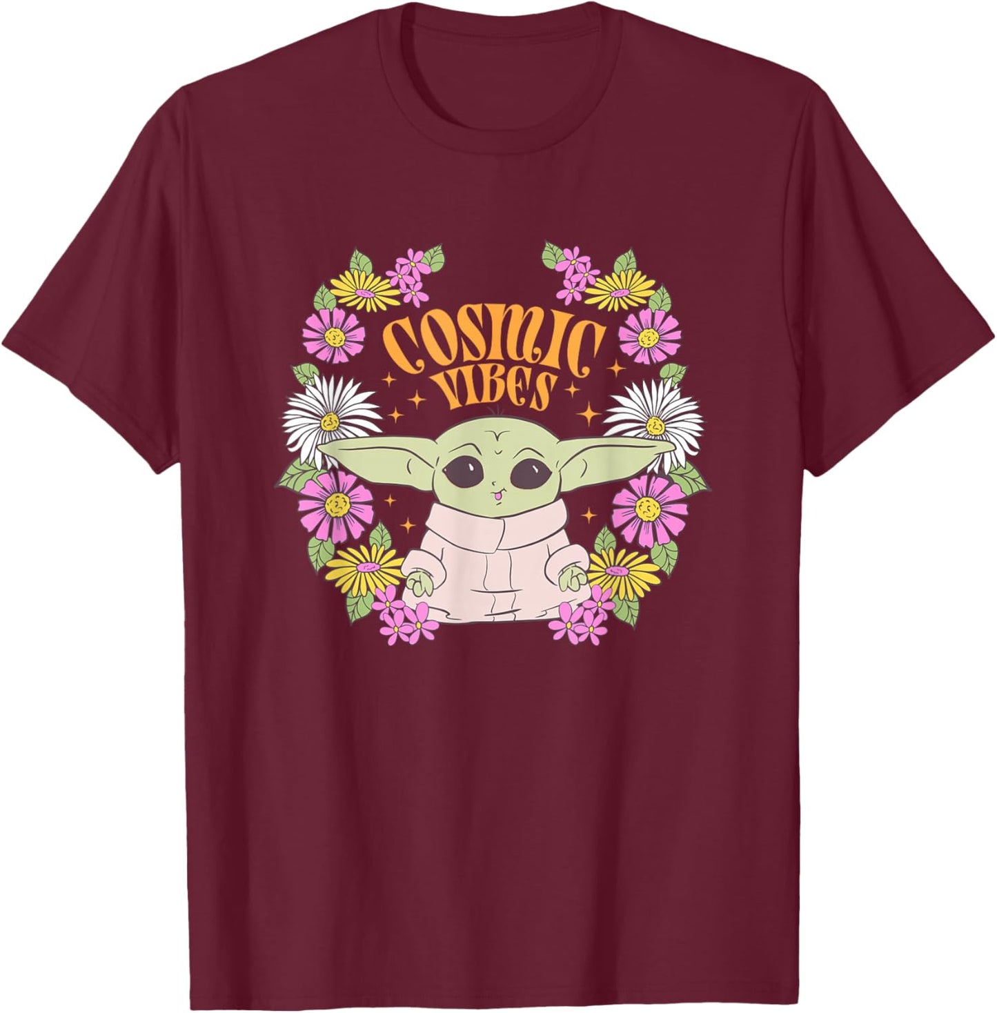 Star Wars The Mandalorian Grogu Cosmic Vibes Floral T-Shirt - T-Shirt | Maroon