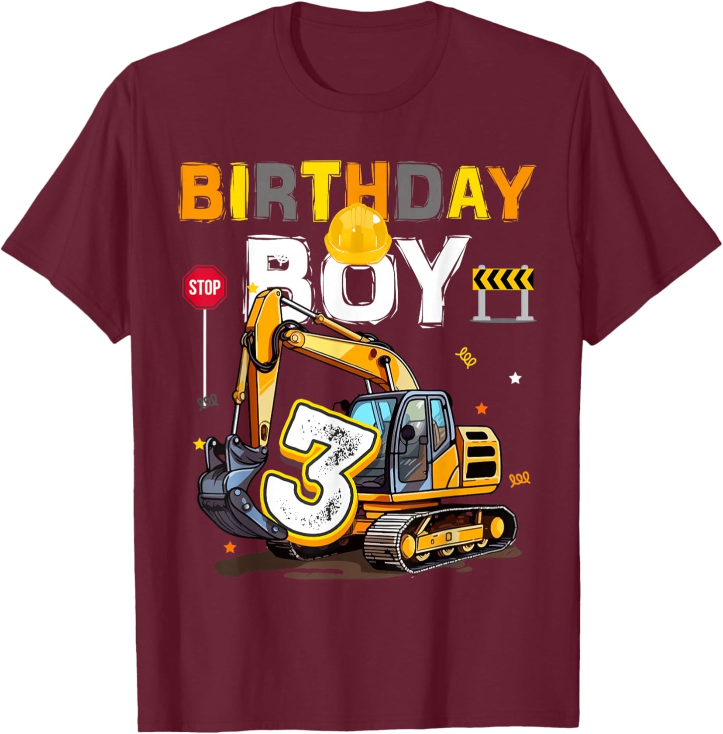 3rd Birthday Boy 3 Years Old Excavator Three Decorations T-Shirt - T-Shirt | Maroon