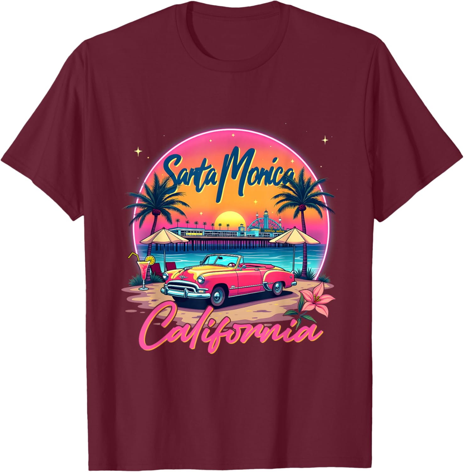 Santa Monica Trip Retro Santa Monica California Sunset Vibes T-Shirt - T-Shirt | Maroon