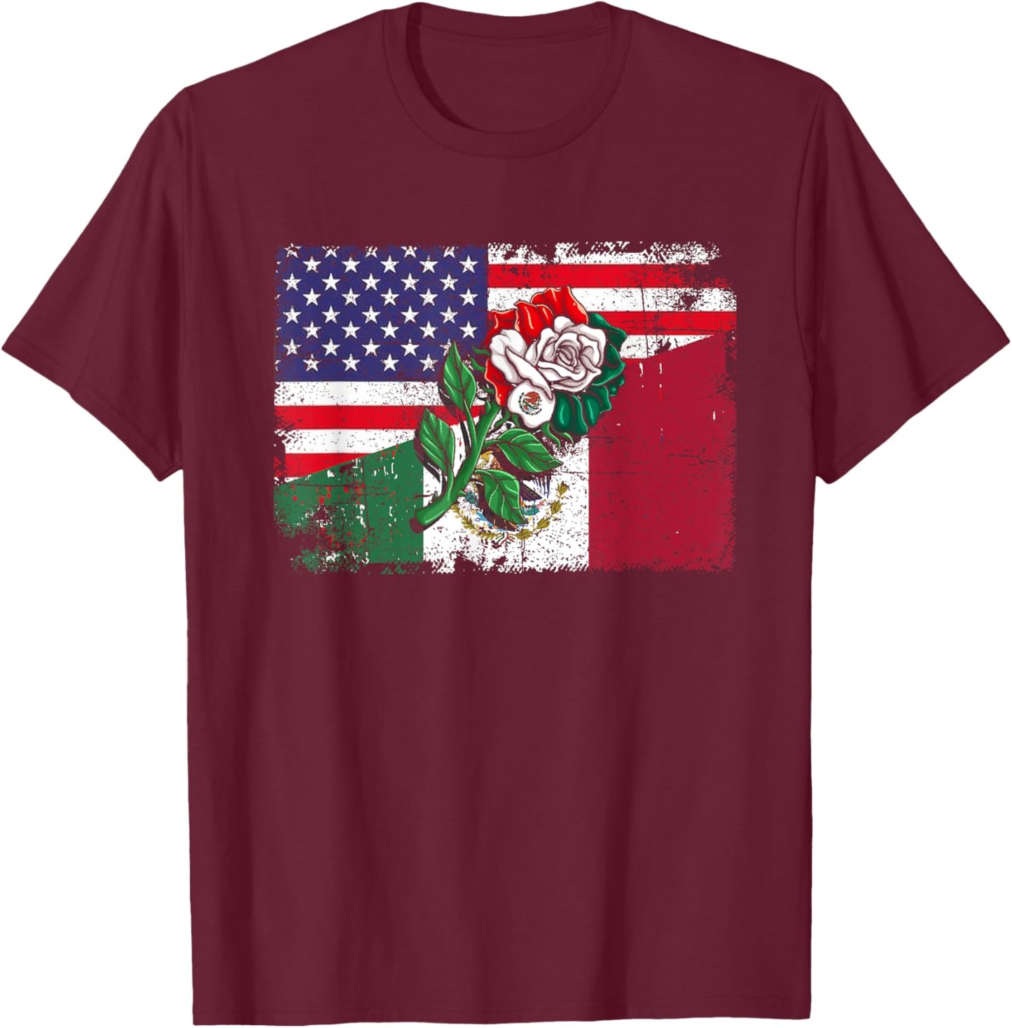 Mexico US Flag Mexican Flag American Flag Rose Kids Men T-Shirt - T-Shirt | Maroon