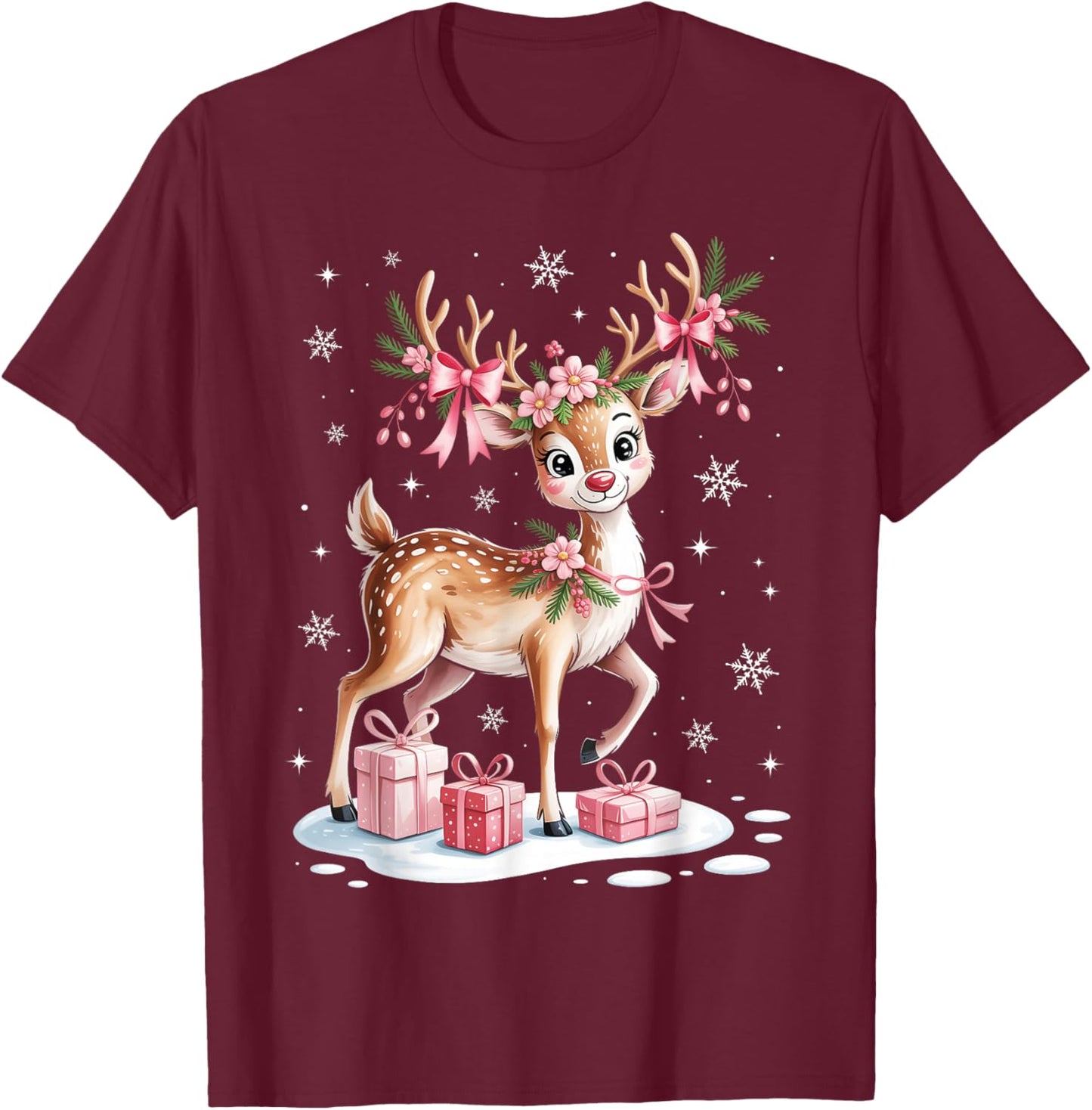 Rudolph Reindeer Coquette Bow Christmas Pajamas Girl Women T-Shirt - T-Shirt | Maroon