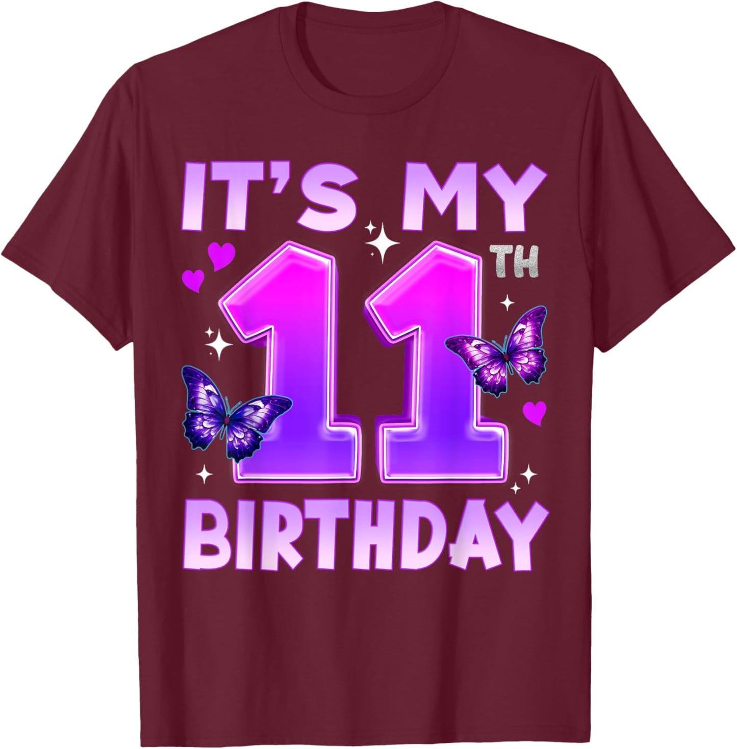 11th Birthday Cute Butterfly Bday 11 Year Old Birthday Girl T-Shirt - T-Shirt | Maroon