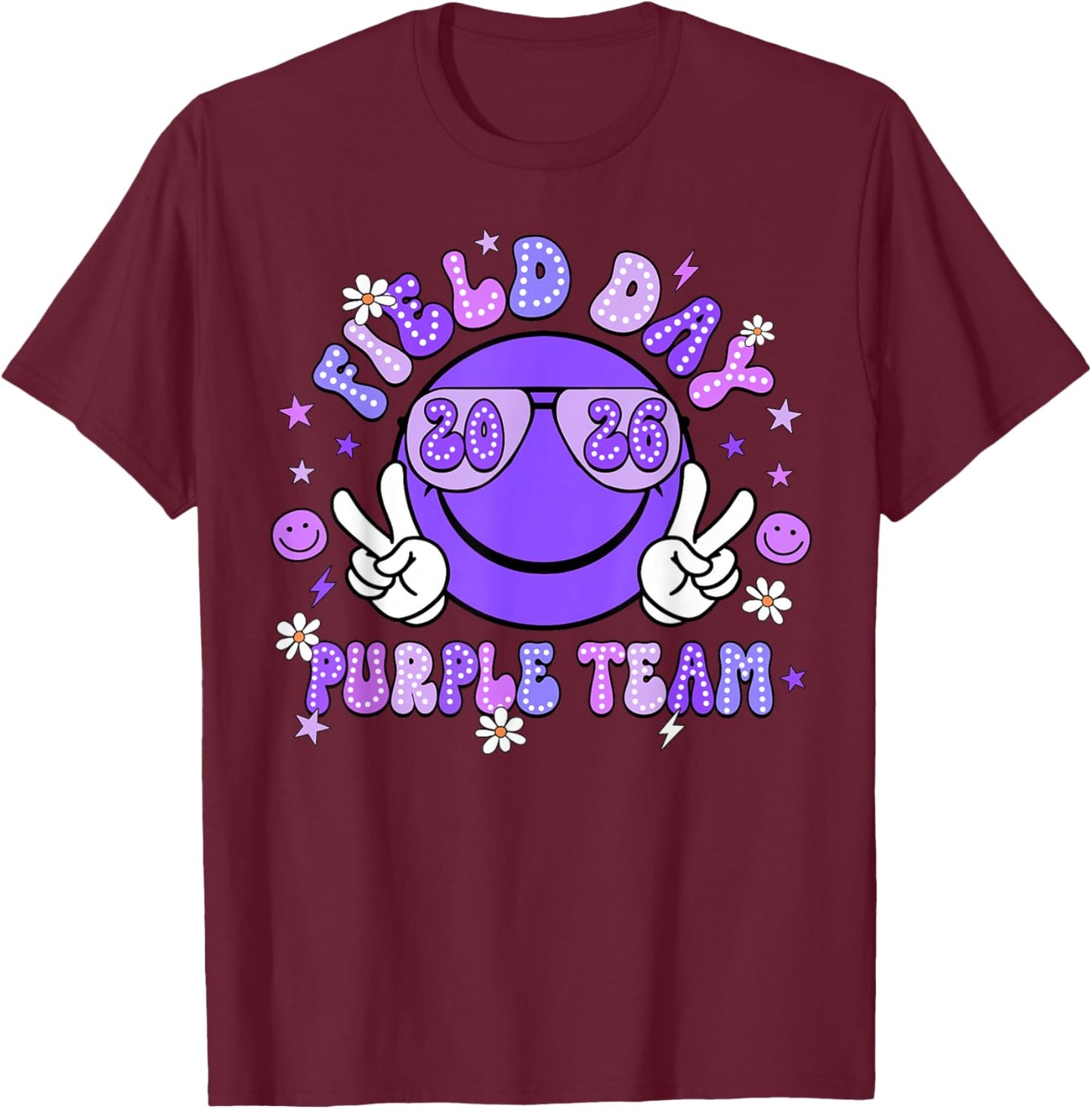 Field Day Purple Team 2026 Smile Face Sunglasses Kid Teacher T-Shirt - T-Shirt | Maroon