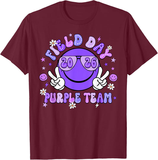 Field Day Purple Team 2026 Smile Face Sunglasses Kid Teacher T-Shirt - T-Shirt | Maroon