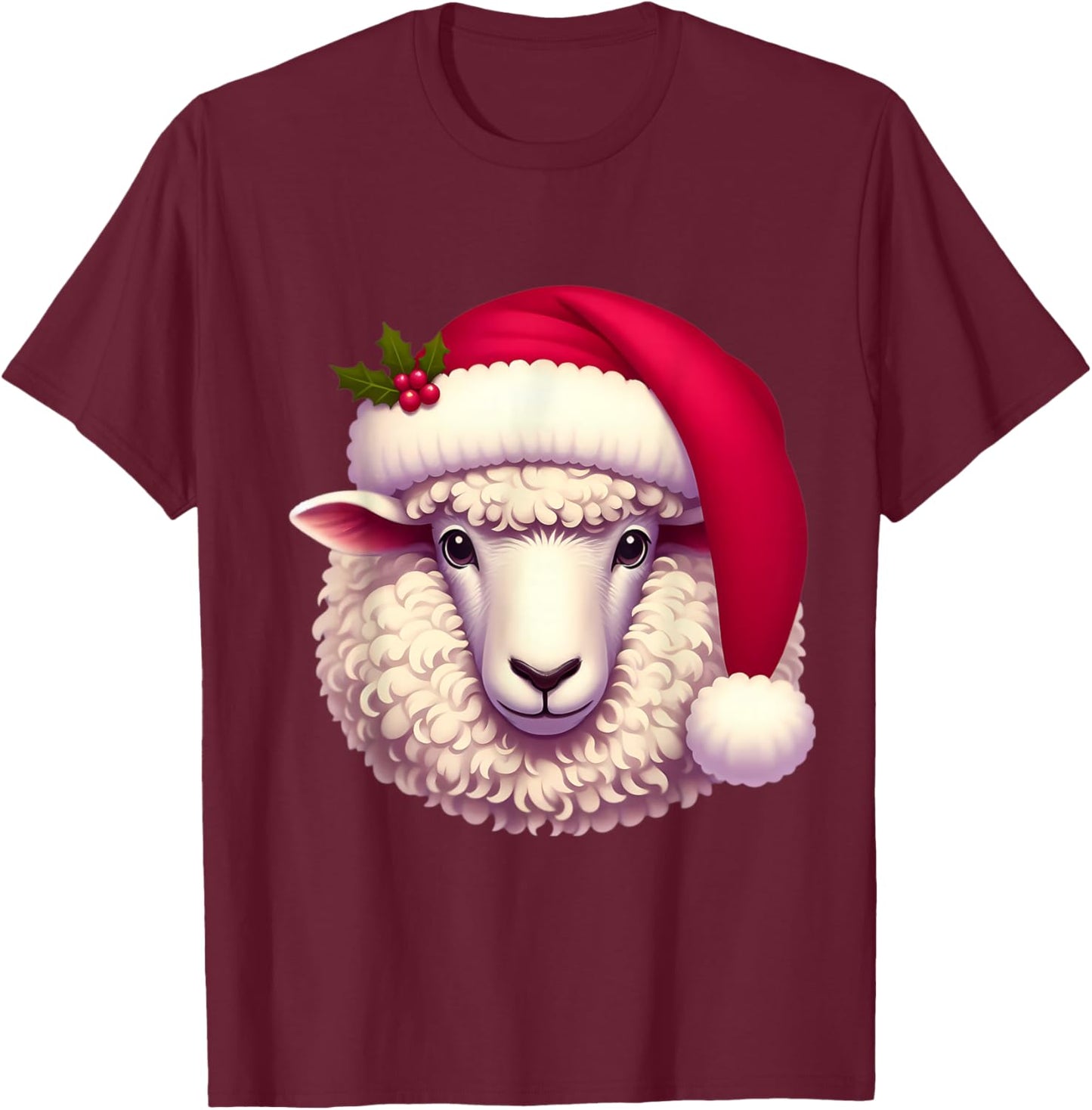 Cartoon Sheep With Santa Hat Christmas Xmas Owner Farmer T-Shirt - T-Shirt | Maroon