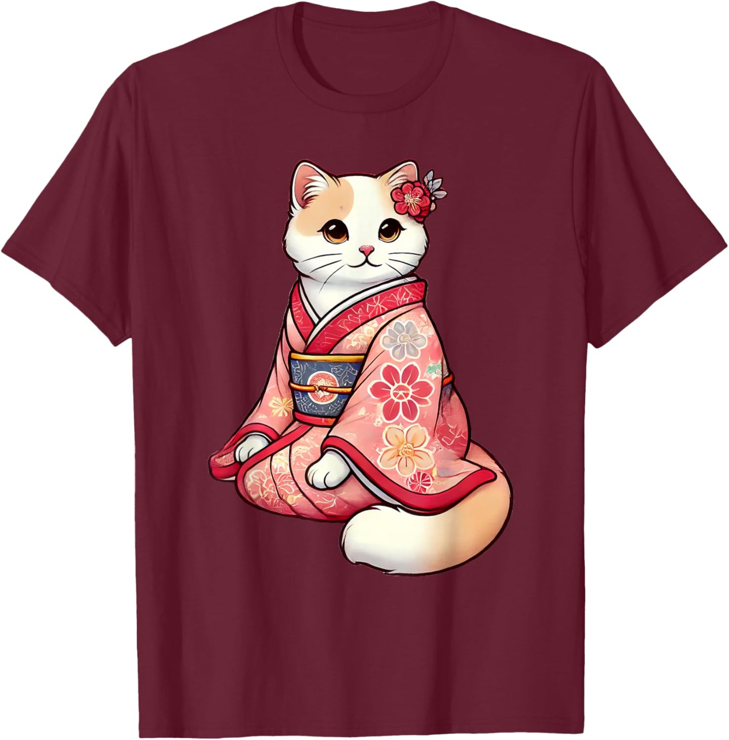 Anime Kawaii Cat Japanese Kimono T-Shirt - T-Shirt | Maroon