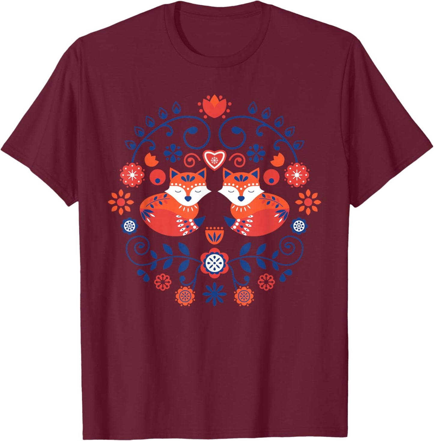Scandinavian Folk Art Pattern Nordic Flowers Fox T-Shirt - T-Shirt | Maroon