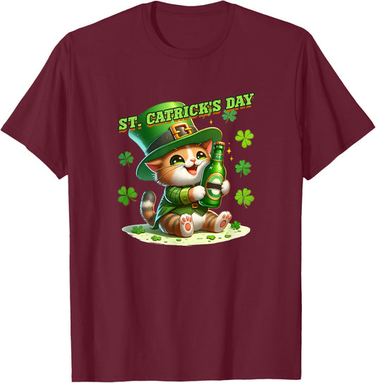 St. Patricks Day Irish Green St. Catricks Day Cats Shamrock T-Shirt - T-Shirt | Maroon