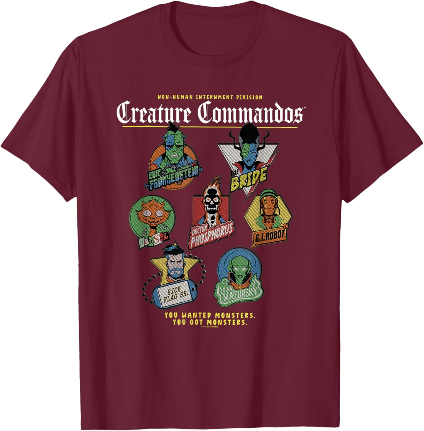 Creature Commandos Badges T-Shirt - T-Shirt | Maroon
