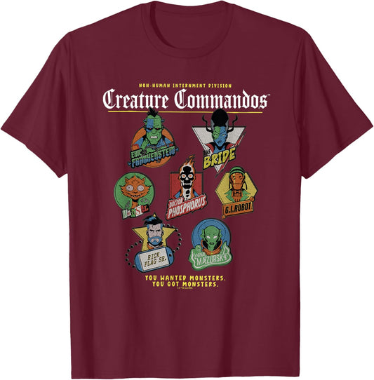 Creature Commandos Badges T-Shirt - T-Shirt | Maroon