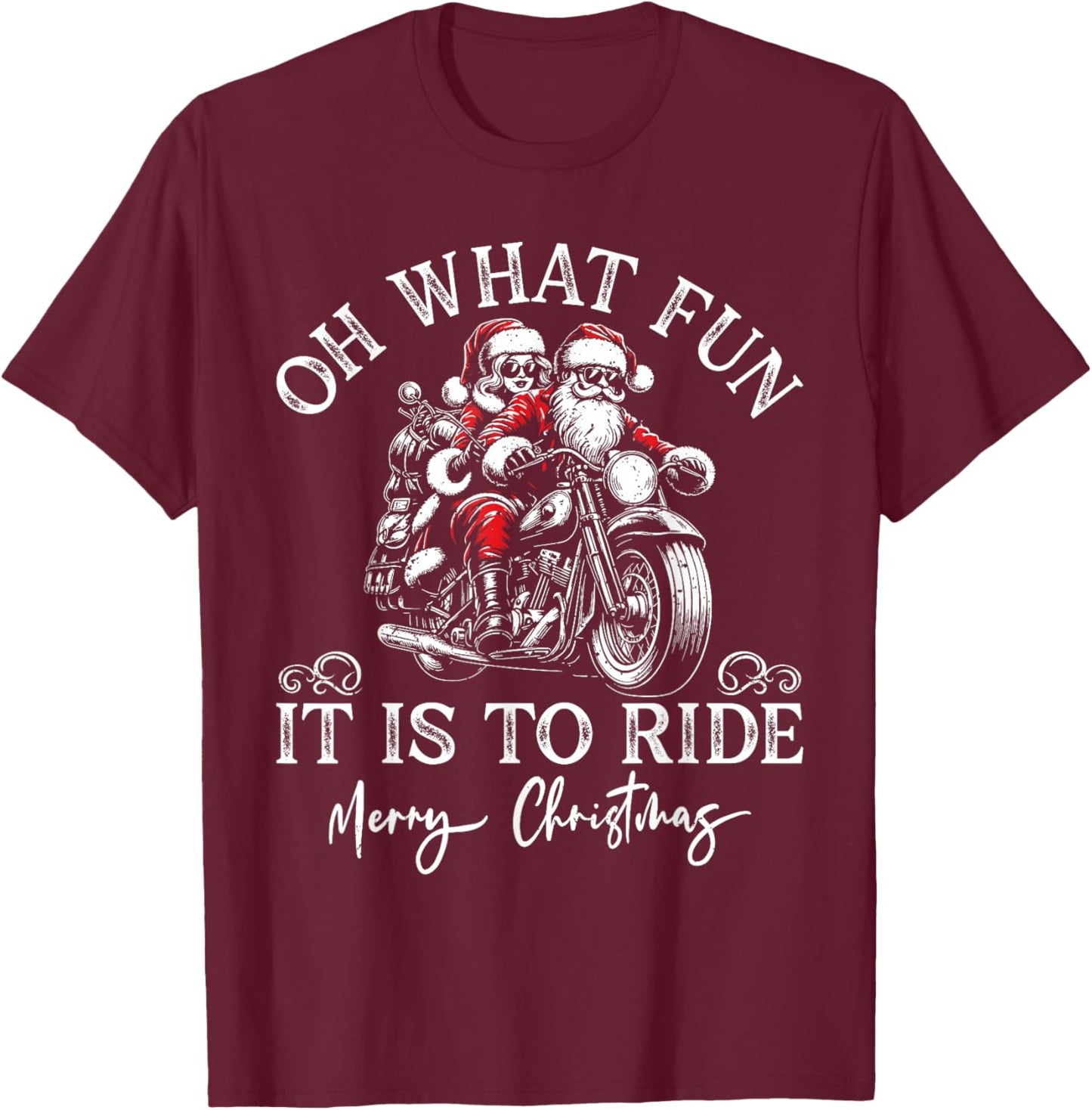Santa & Mrs. Claus Motorcycle Ride Vintage Christmas Xmas T-Shirt - T-Shirt | Maroon