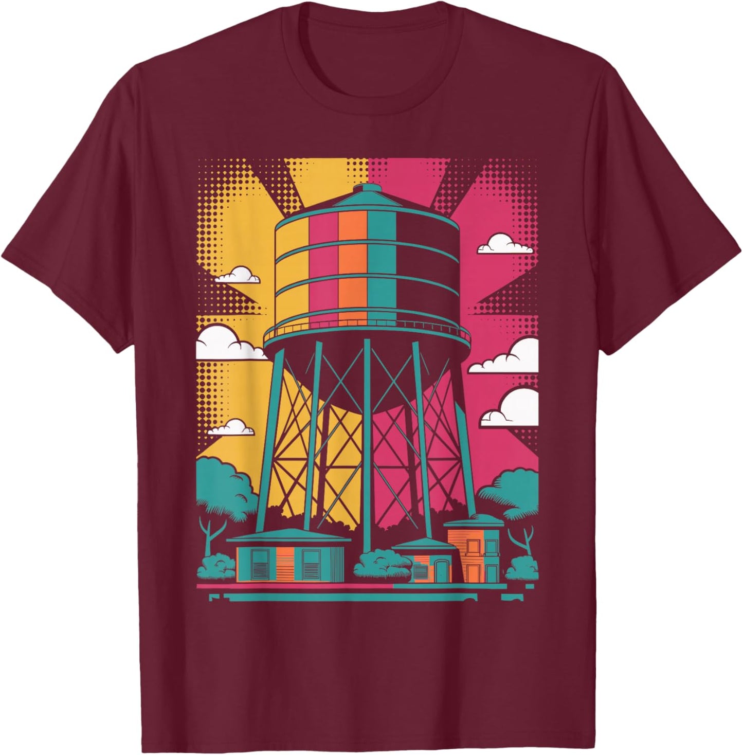 Pop Art Water Tower Urban Landscape Design T-Shirt - T-Shirt | Maroon
