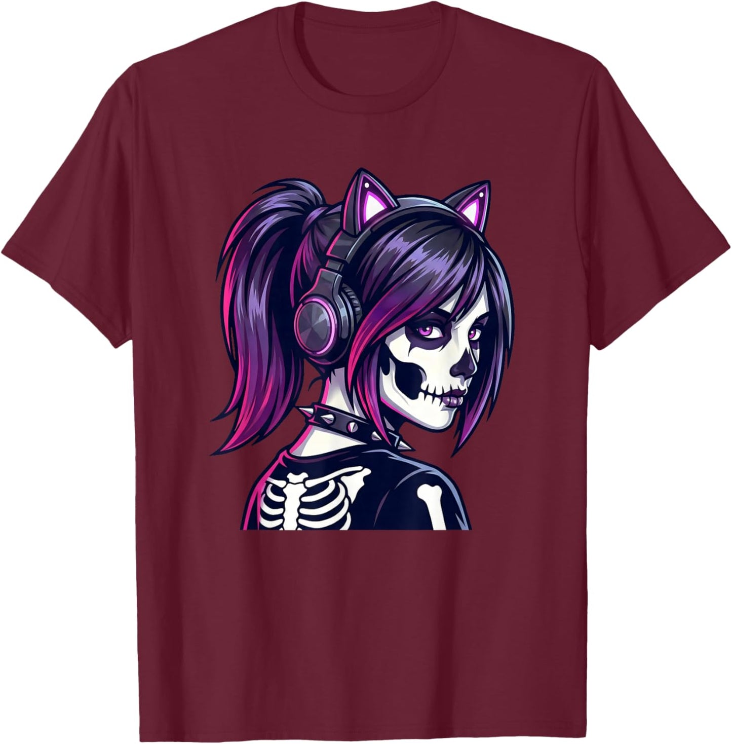 Gamer Goth Girl Emo Skeleton Cat Ear Gothic Alt Art T-Shirt - T-Shirt | Maroon