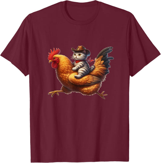 Funny Cat Riding Rooster Rodeo Cowboy Cat Riding Chicken T-Shirt - T-Shirt | Maroon