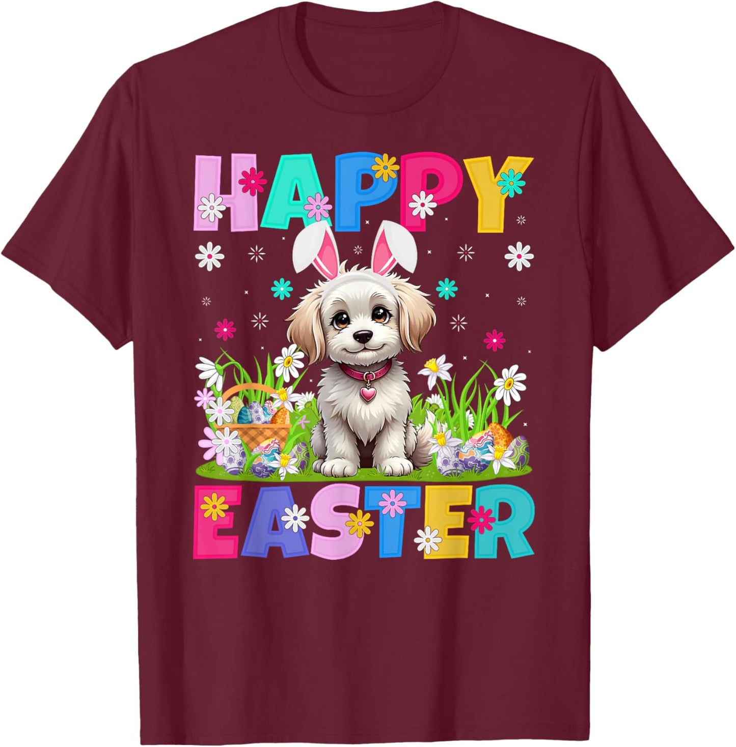 Maltipoo Dog Happy Easter Egg Hunt Bunny Ear Maltipoo Easter T-Shirt - T-Shirt | Maroon
