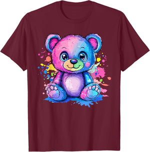 Vibrant Rainbow Teddy Bear Splash T-Shirt - T-Shirt | Maroon