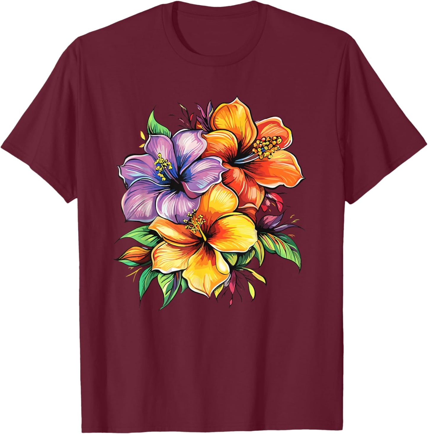 Hawaiian Hibiscus Bouquet Tropical Summer Flowers T-Shirt - T-Shirt | Maroon