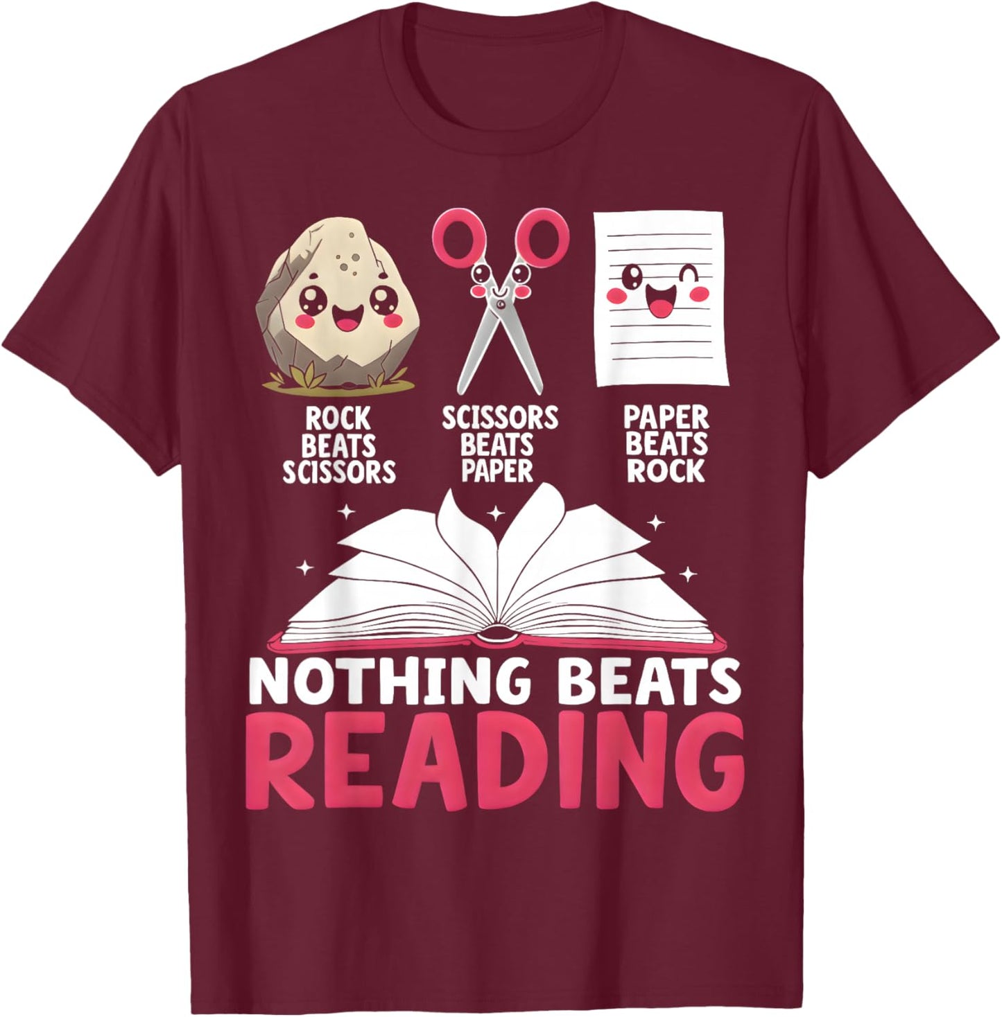Nothing Beats Reading Rock Paper Scissors Library Book Lover T-Shirt - T-Shirt | Maroon